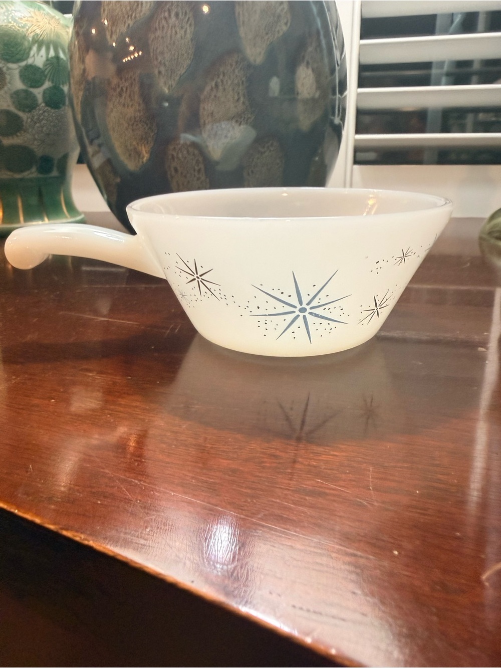 Glasbake Blue Starburst Milk Glass with Handle Soup Bowl